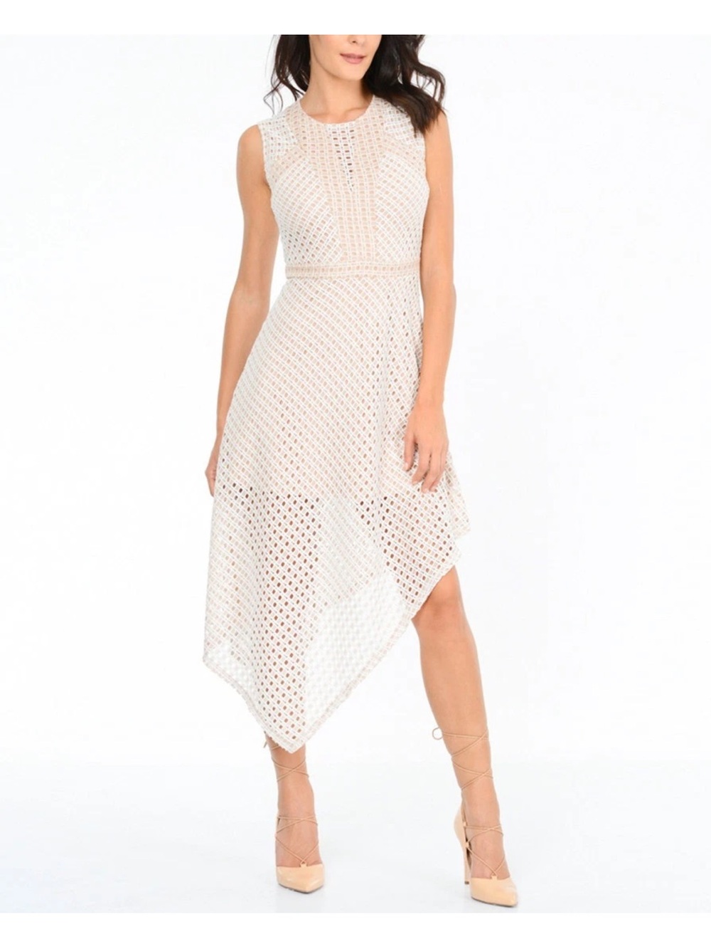 BcbgMaxazria Tracie Asymmetrical Lace White Tan Nude Dress size Large